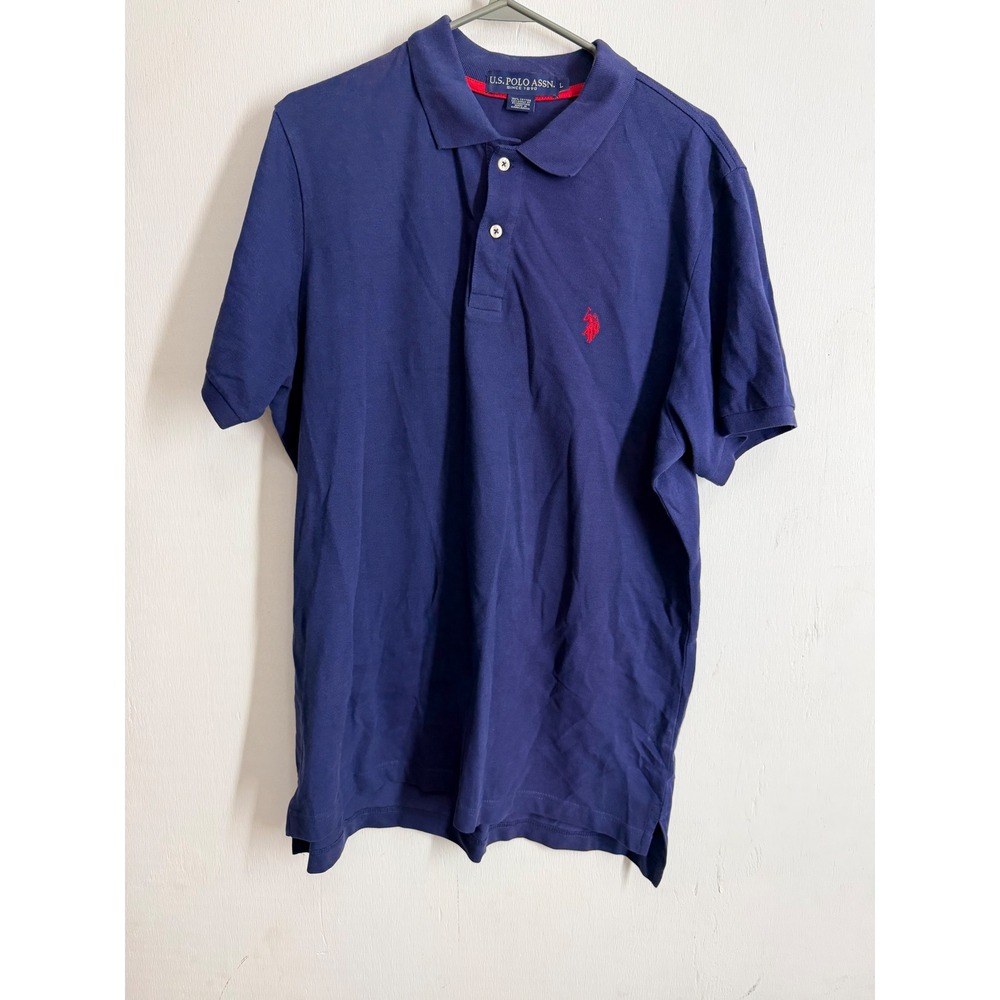 US Polo Assn Mens Large Navy Blue Short Sleeve Cotton Pique Polo Shirt Red Logo